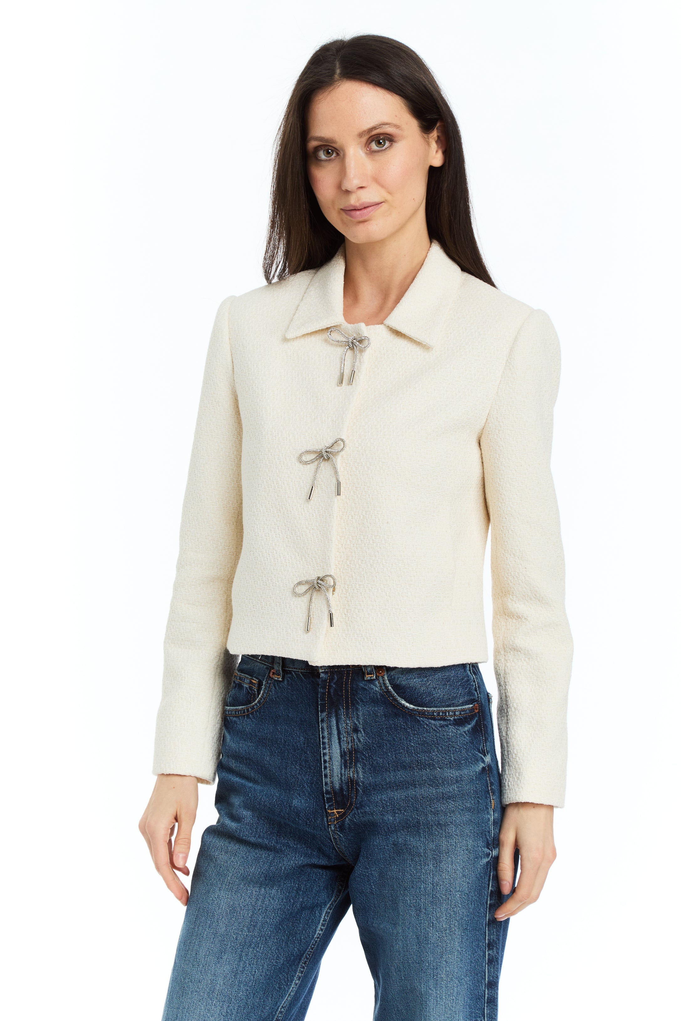 Drew Chris Ivory Rhinestone Bow Tweed Jacket