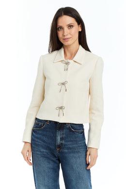 Drew Chris Ivory Rhinestone Bow Tweed Jacket
