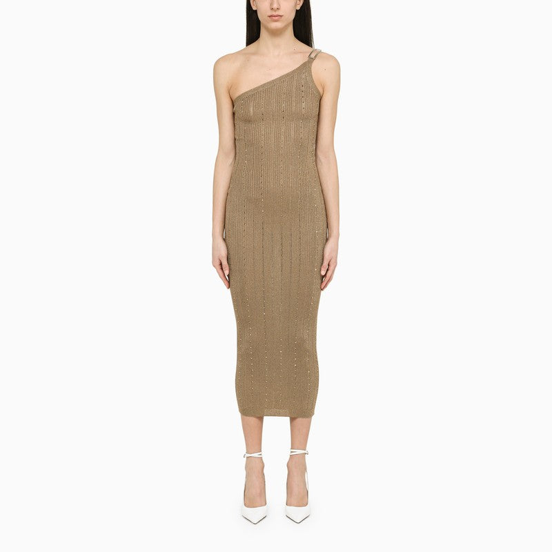 Alessandra Rich Gold one-shoulder dress with rhinestones