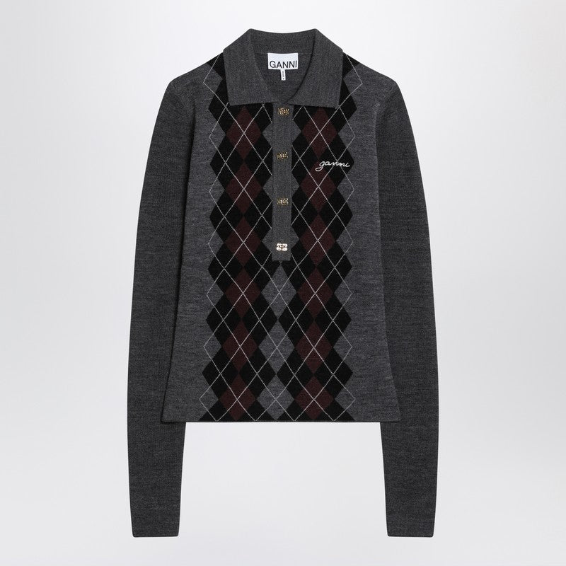 GANNI Grey polo with wool diamonds