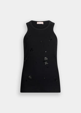 Liu Jo Milano Black Ribbed Cotton Tank Top with Bejewelled Embellishment