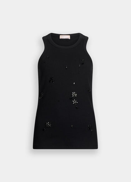 Liu Jo Milano Black Ribbed Cotton Tank Top with Bejewelled Embellishment