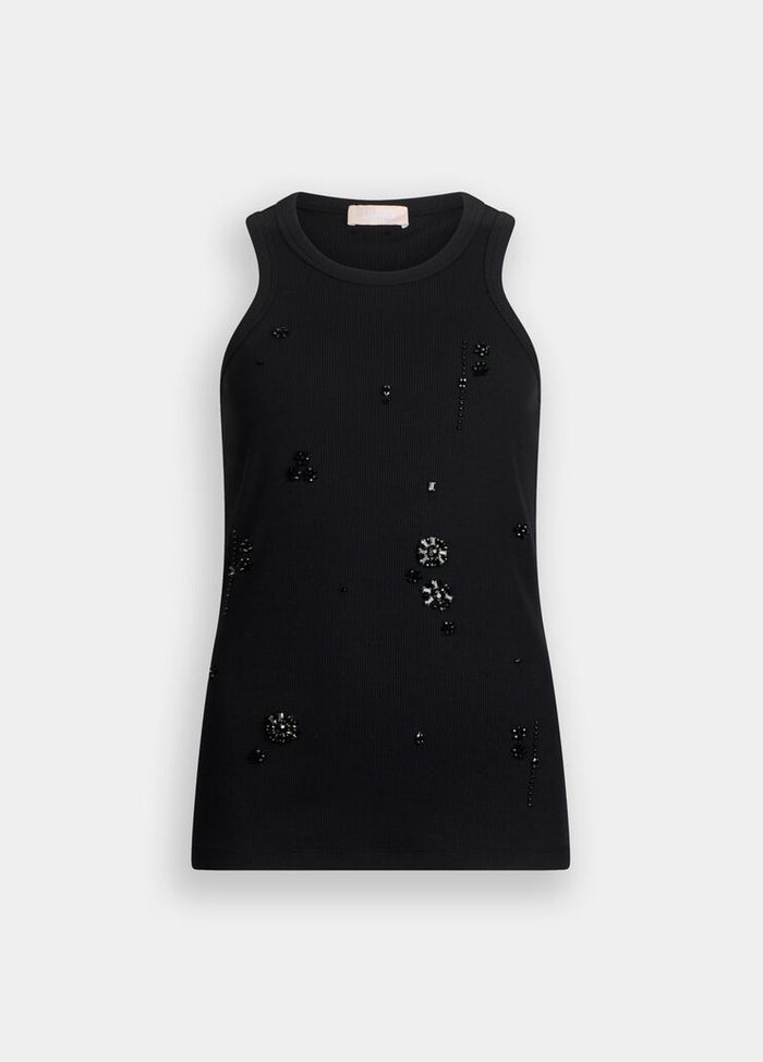 Liu Jo Milano Black Ribbed Cotton Tank Top with Bejewelled Embellishment