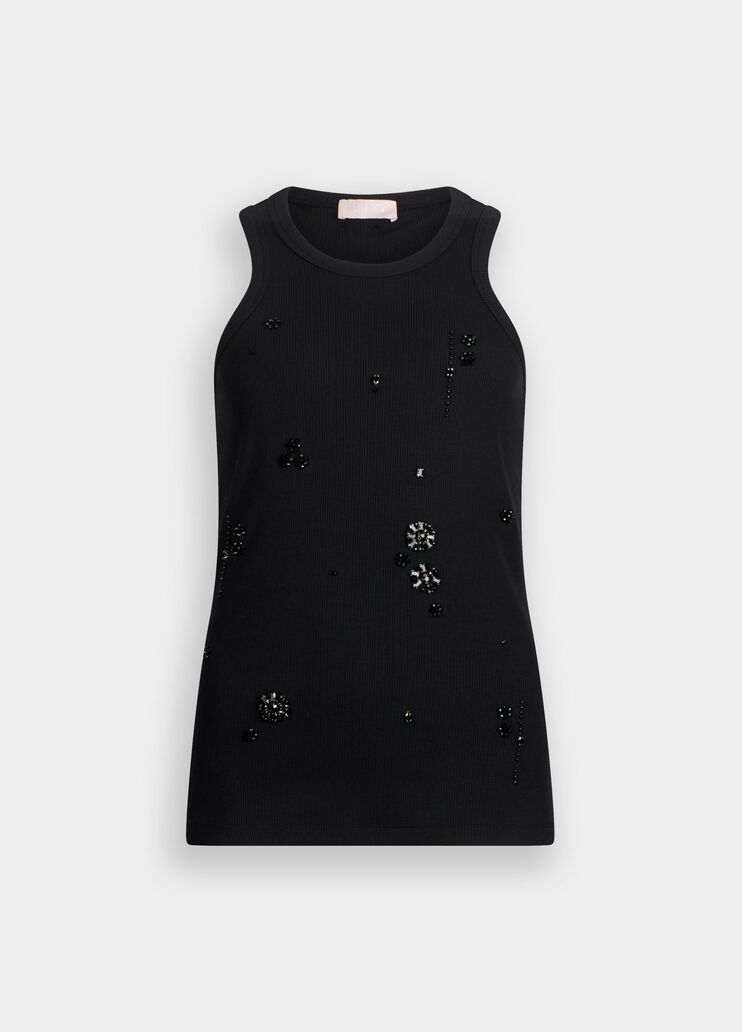 Liu Jo Milano Black Ribbed Cotton Tank Top with Bejewelled Embellishment