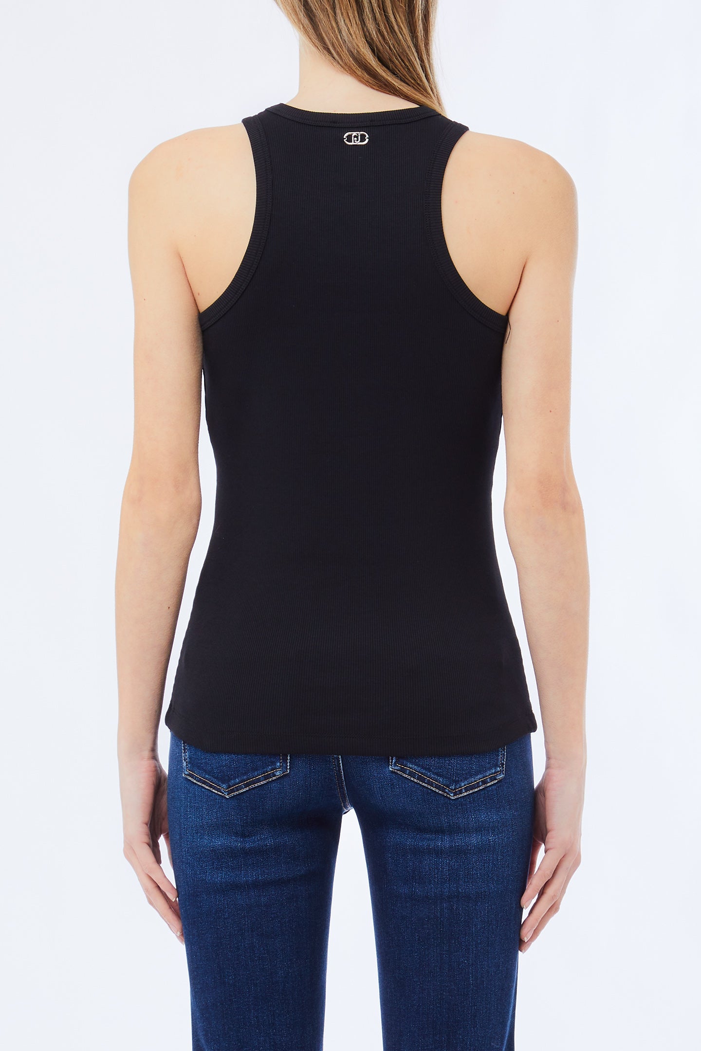 Liu Jo Milano Black Ribbed Cotton Tank Top with Bejewelled Embellishment