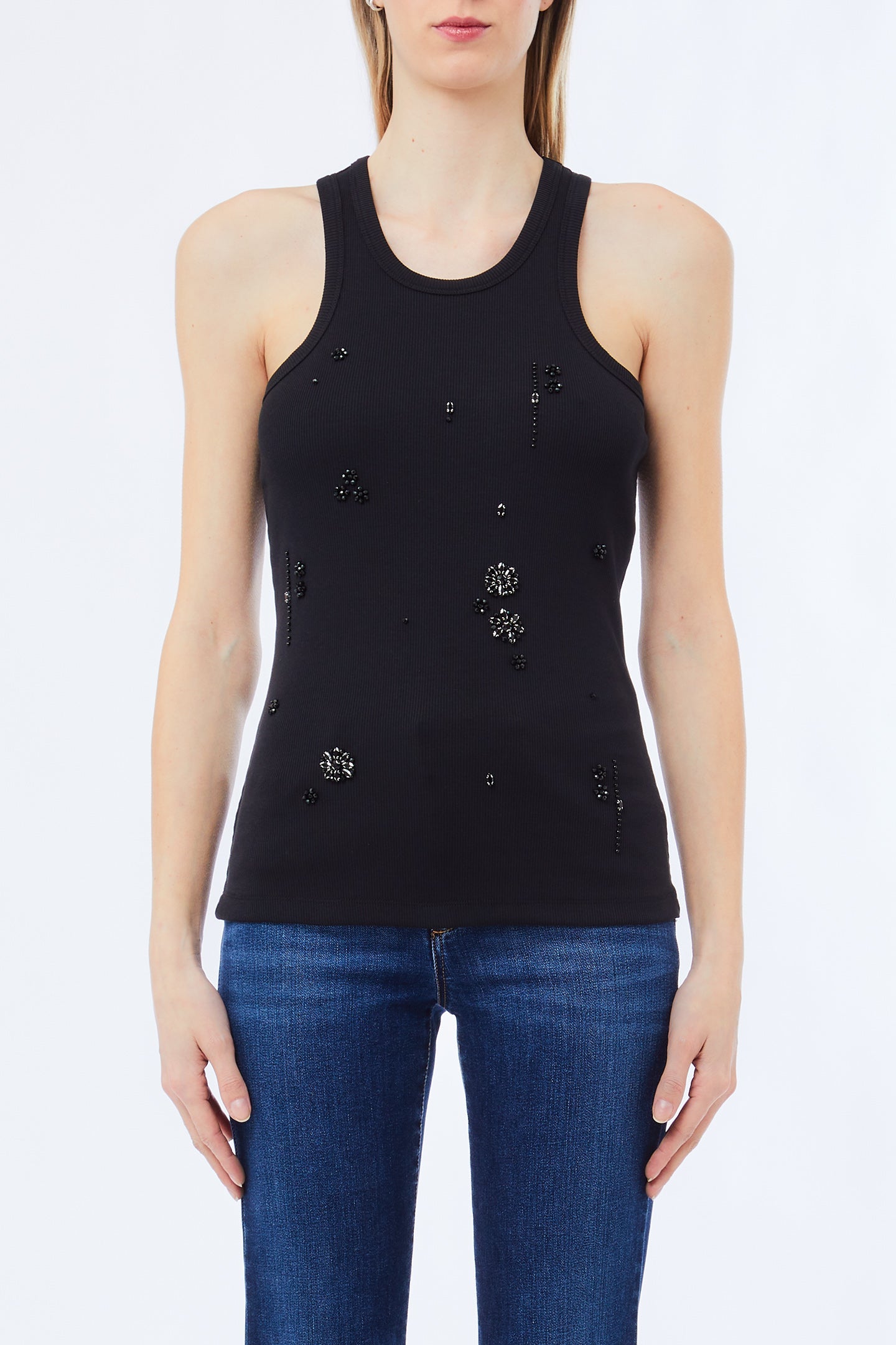 Liu Jo Milano Black Ribbed Cotton Tank Top with Bejewelled Embellishment
