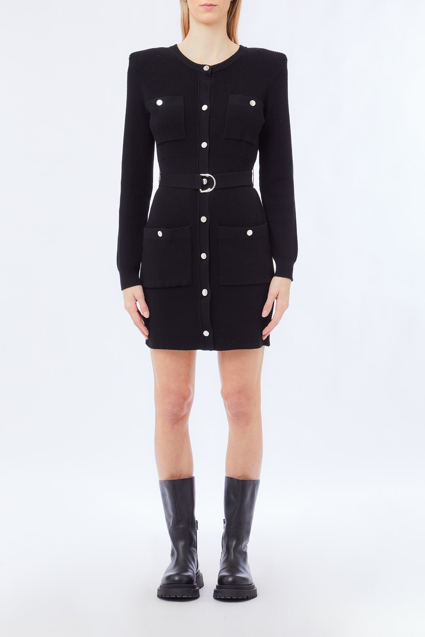 belted mini knit dress Knit Surplice Belted Mini Dress Black / Small