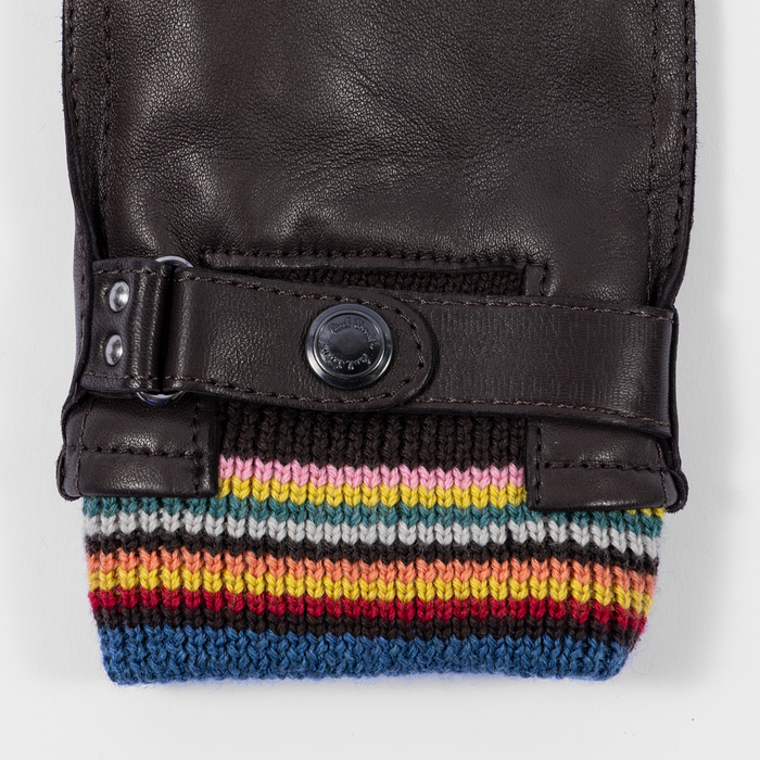 Paul Smith Brown Leather 'Signature Stripe' Cuff Gloves
