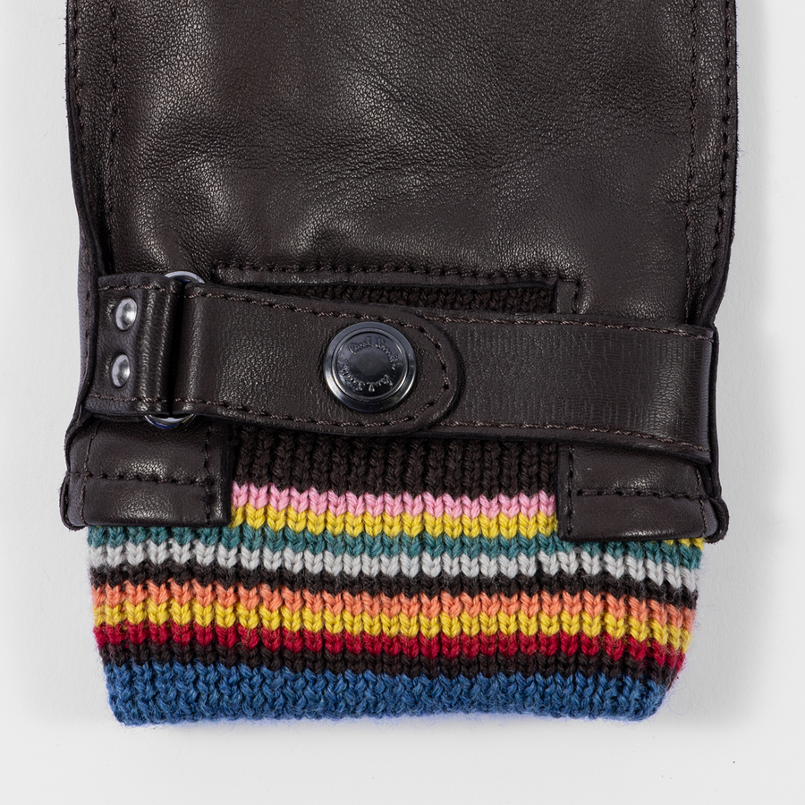 Paul Smith Brown Leather 'Signature Stripe' Cuff Gloves