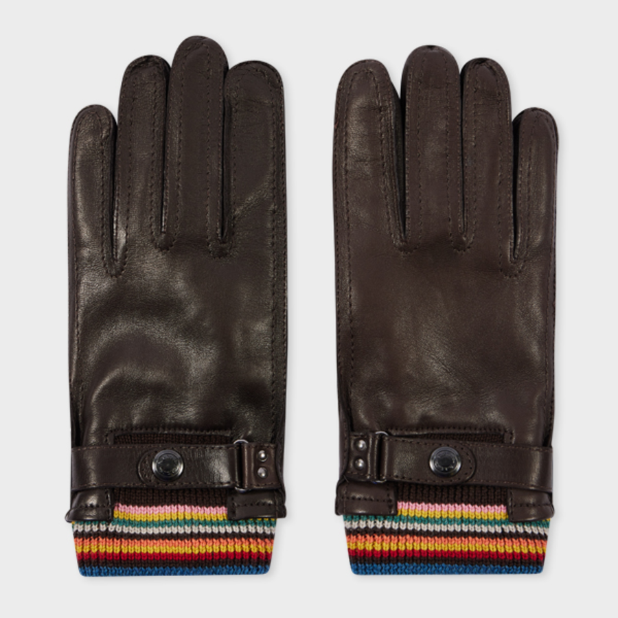 Paul Smith Brown Leather 'Signature Stripe' Cuff Gloves