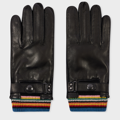 Paul Smith Black Leather 'Signature Stripe' Cuff Gloves