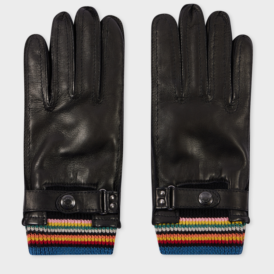 Paul Smith Black Leather 'Signature Stripe' Cuff Gloves