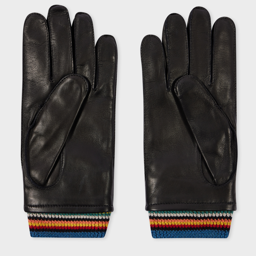 Paul Smith Black Leather 'Signature Stripe' Cuff Gloves