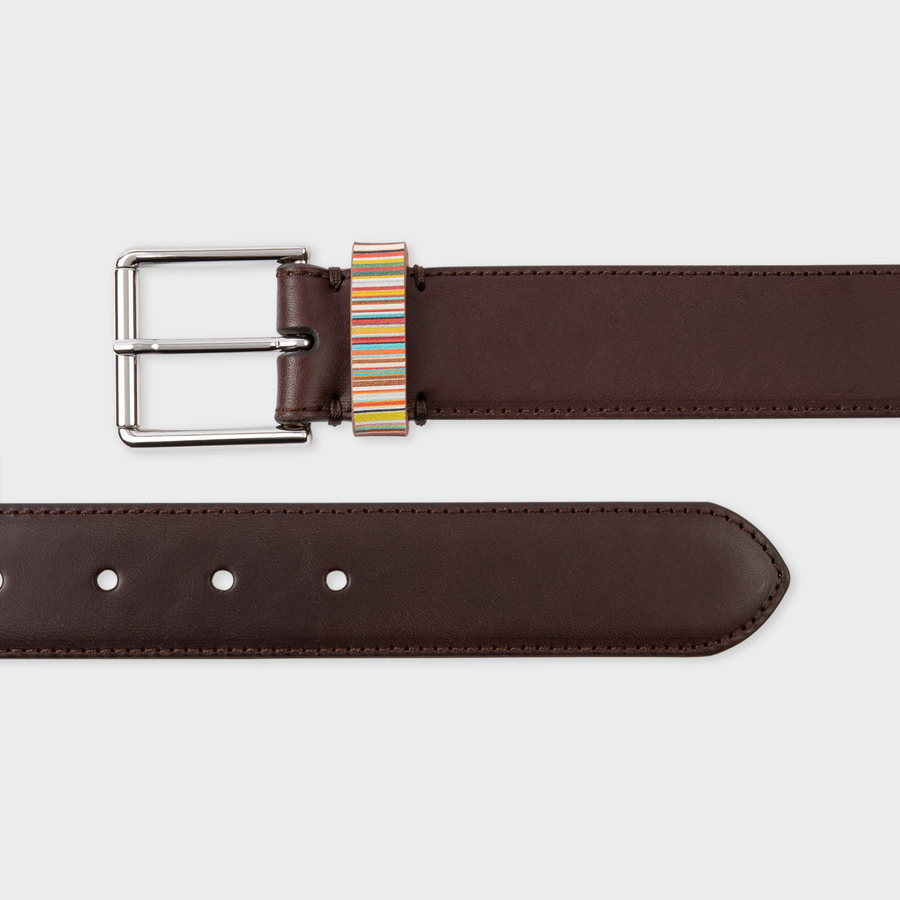 Paul Smith Dark Brown Leather Belt With 'Signature Stripe' Keeper