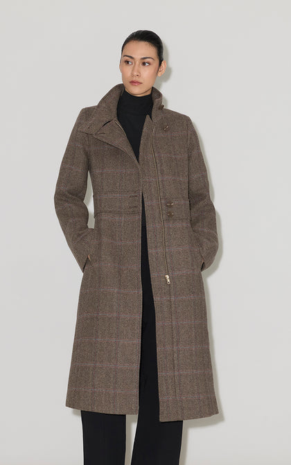 SUZAN-HC Maxi Coat in Herringbone Plaid Wool