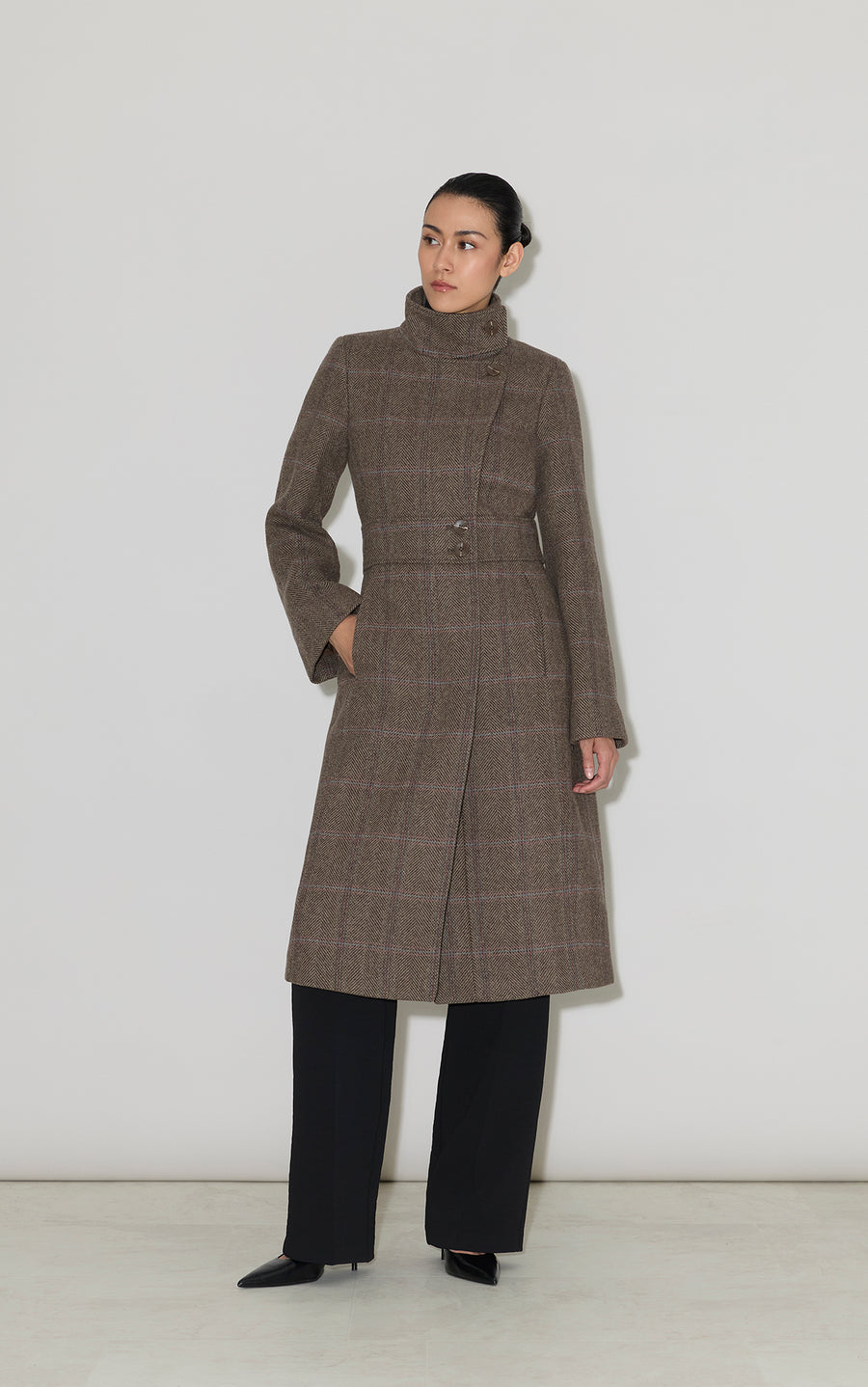 SUZAN-HC Maxi Coat in Herringbone Plaid Wool