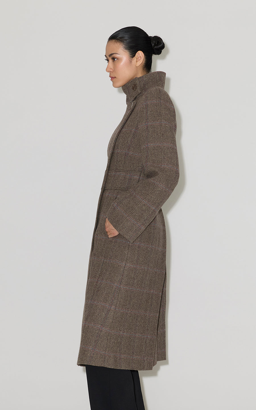SUZAN-HC Maxi Coat in Herringbone Plaid Wool