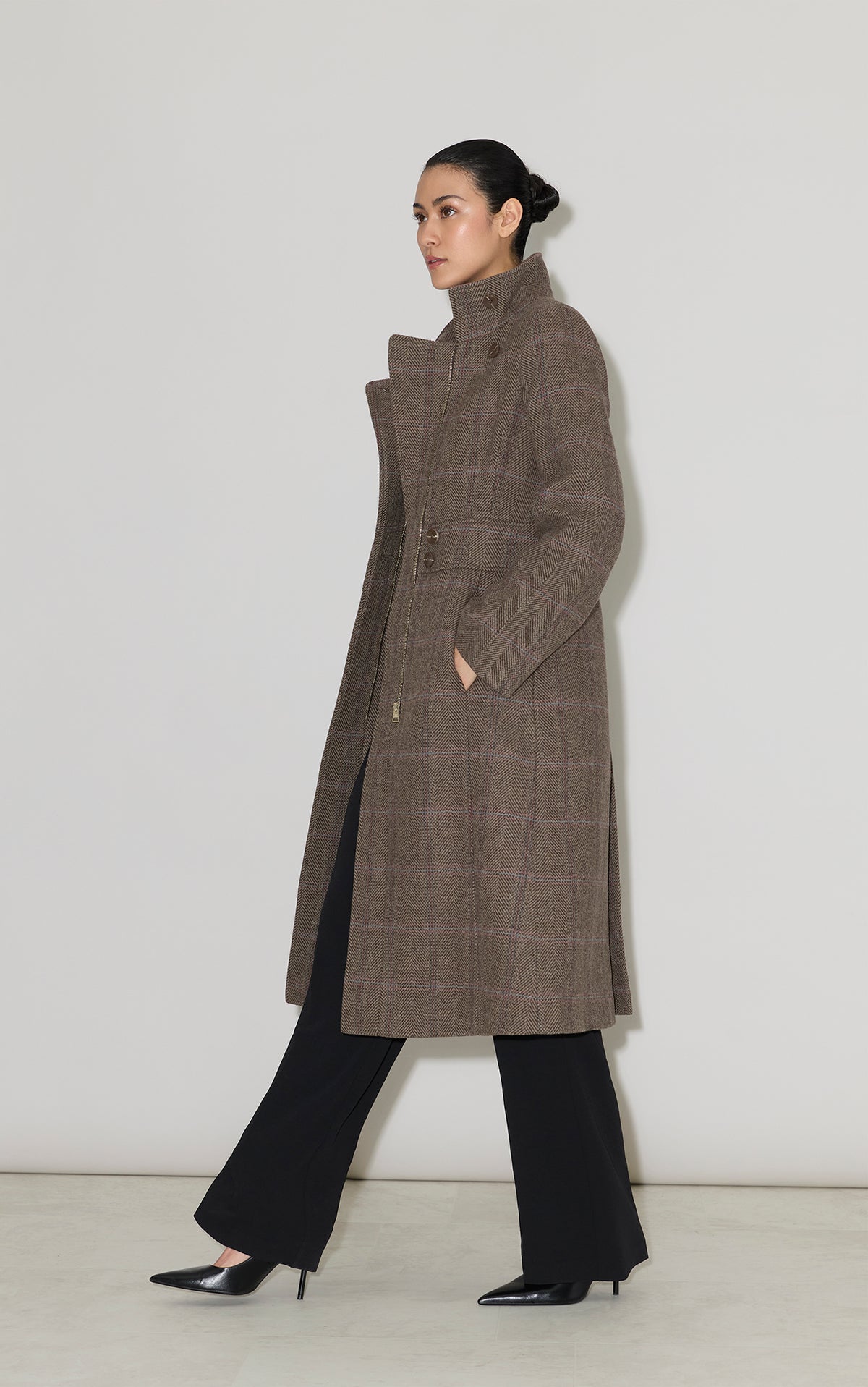 SUZAN-HC Maxi Coat in Herringbone Plaid Wool