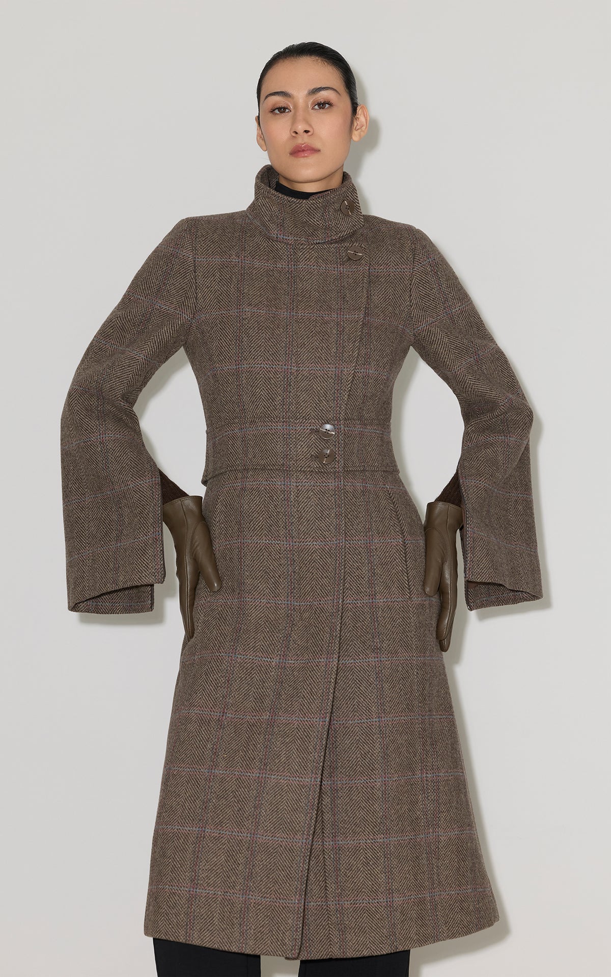 SUZAN-HC Maxi Coat in Herringbone Plaid Wool