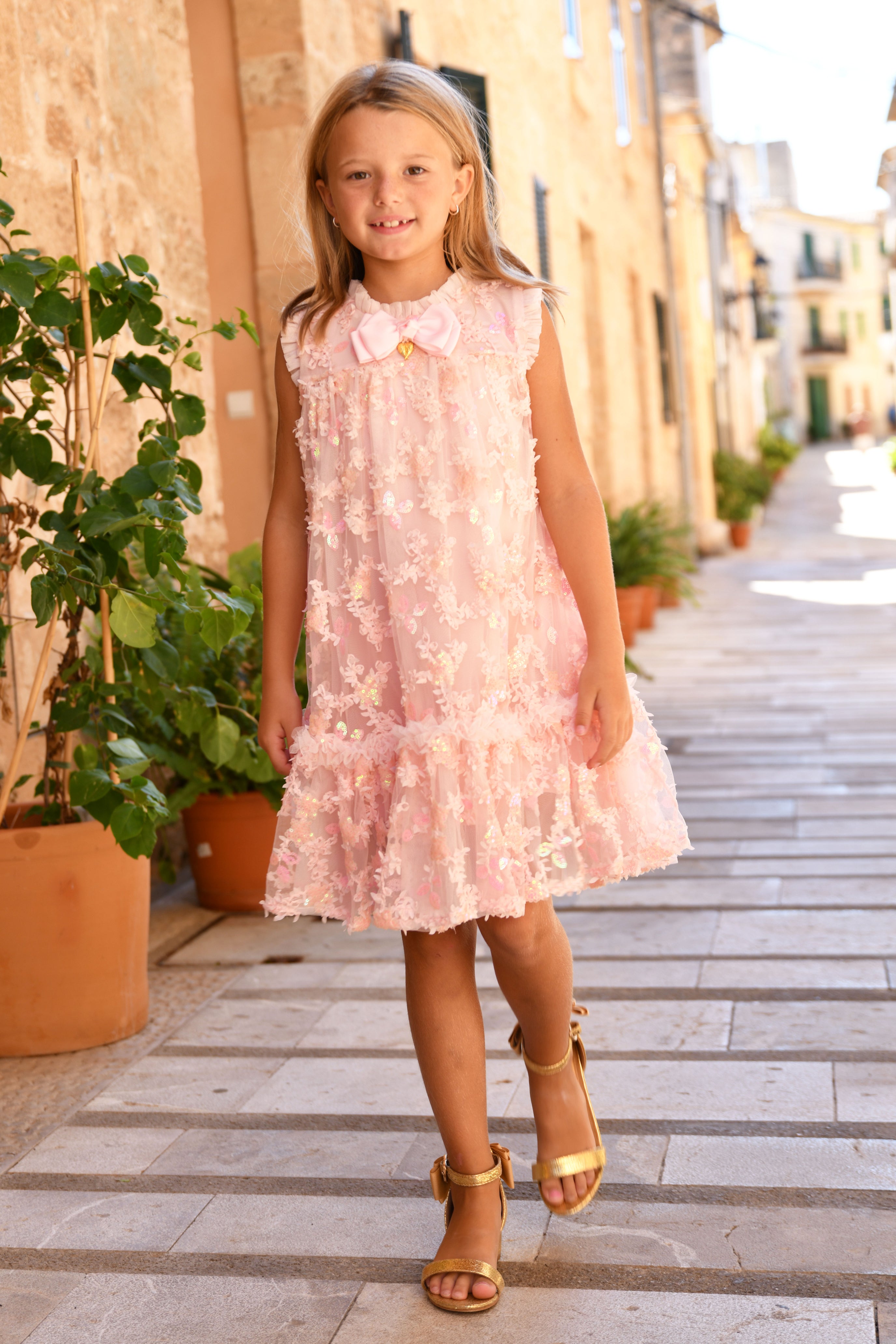 Tilly Sequin Flower Tulle Dress Pale Pink