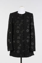Twinset Black Bouclé Coat with Floral Sequins