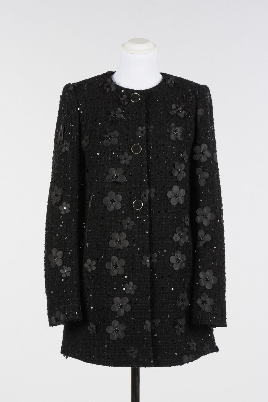 Twinset Black Bouclé Coat with Floral Sequins