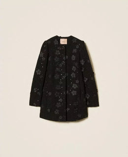 Twinset Black Bouclé Coat with Floral Sequins