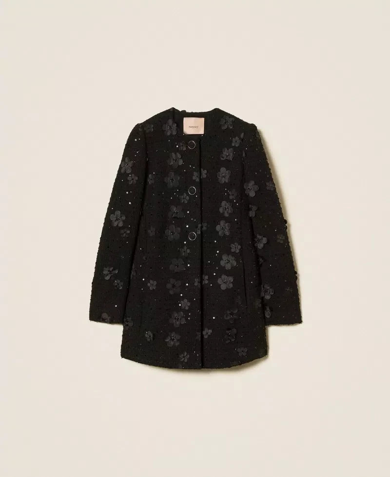 Twinset Black Bouclé Coat with Floral Sequins