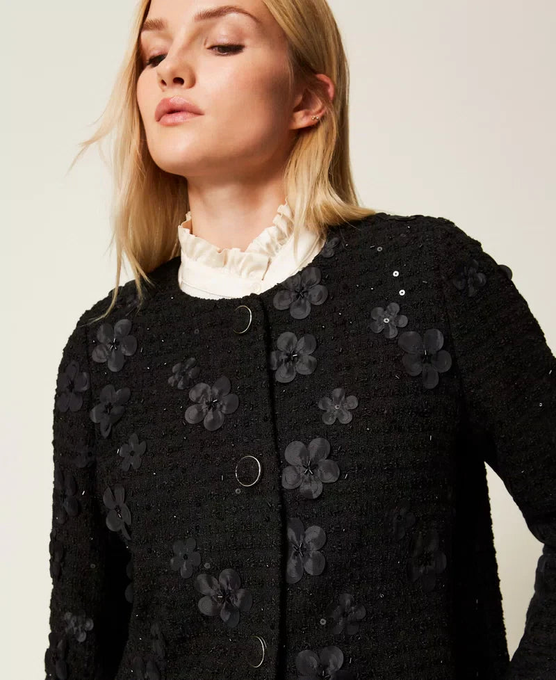 Twinset Black Bouclé Coat with Floral Sequins