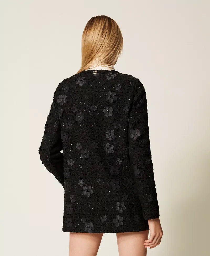 Twinset Black Bouclé Coat with Floral Sequins
