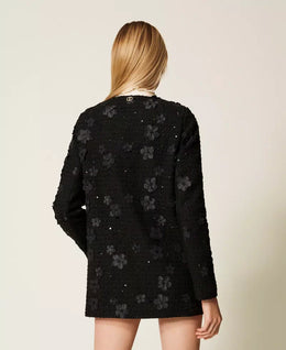 Twinset Black Bouclé Coat with Floral Sequins