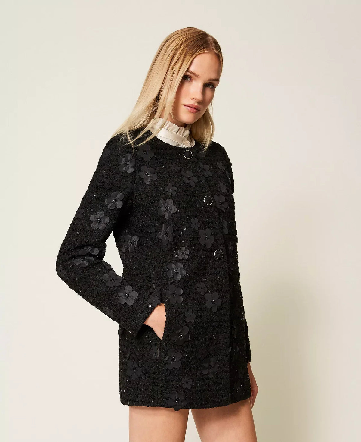 Twinset Black Bouclé Coat with Floral Sequins