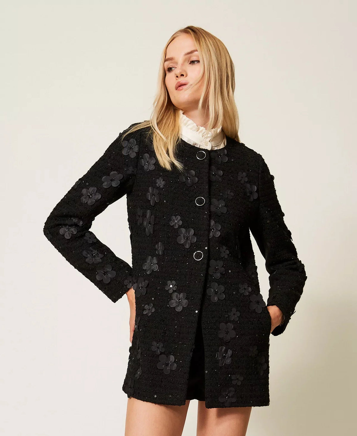 Twinset Black Bouclé Coat with Floral Sequins