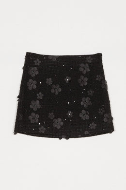 Twinset Black Bouclé Mini Skirt with Floral Sequins