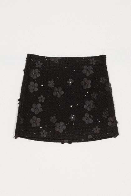Twinset Black Bouclé Mini Skirt with Floral Sequins
