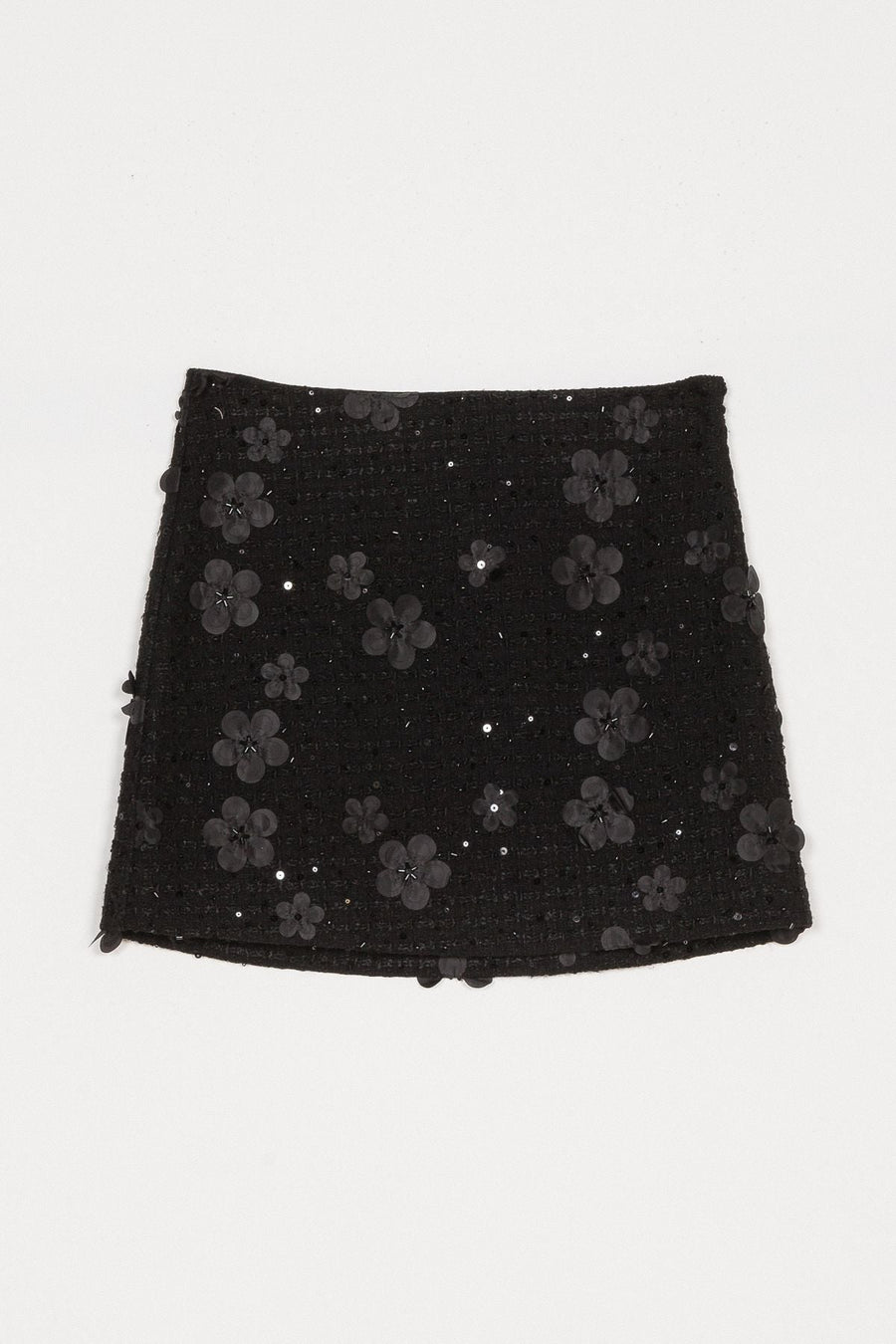 Twinset Black Bouclé Mini Skirt with Floral Sequins