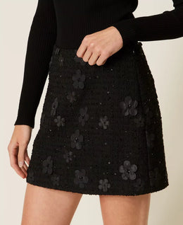 Twinset Black Bouclé Mini Skirt with Floral Sequins