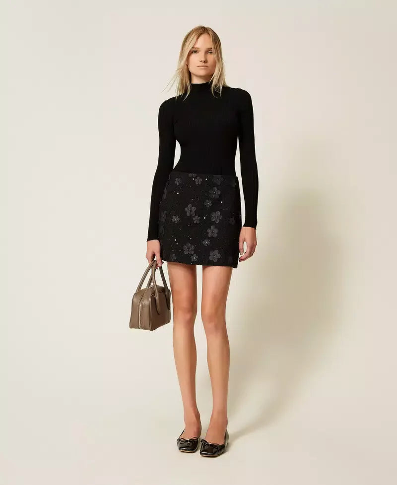 Twinset Black Bouclé Mini Skirt with Floral Sequins