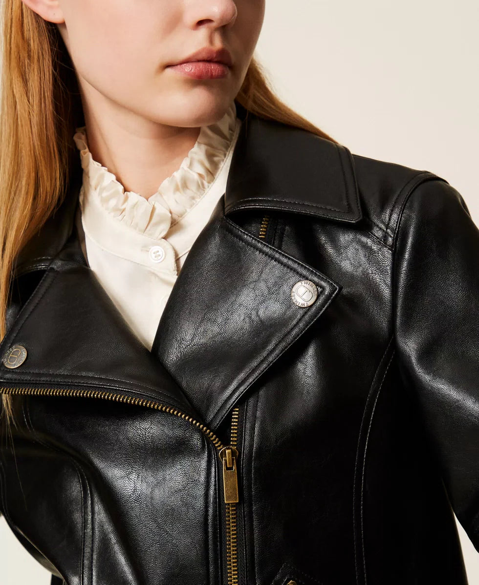 Twinset Black Faux Leather Biker Jacket