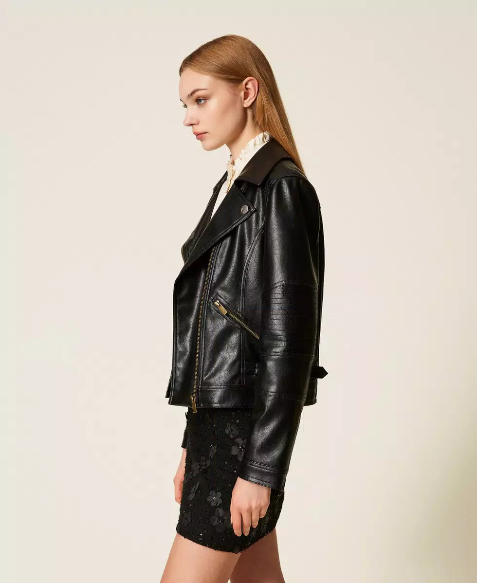 Twinset Black Faux Leather Biker Jacket