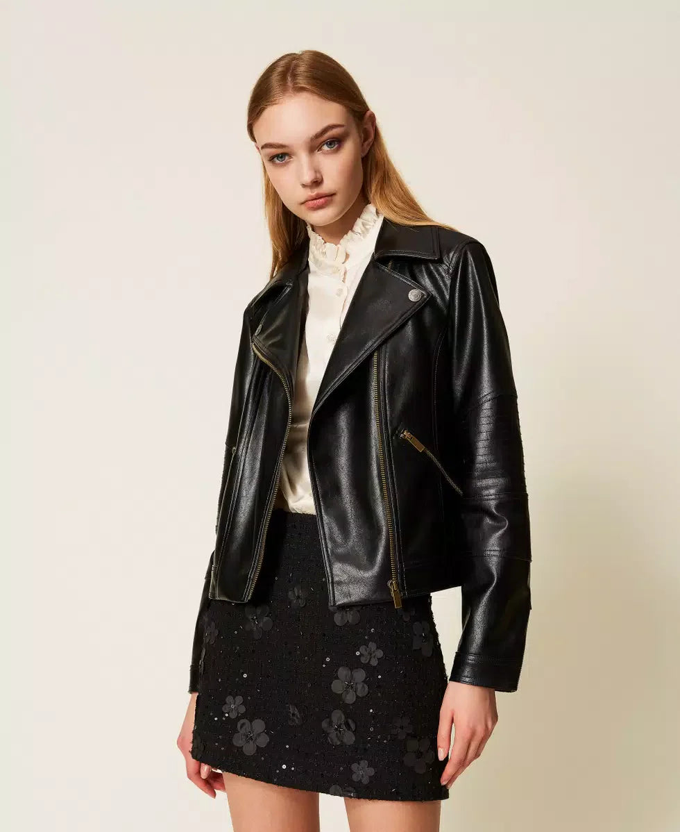 Twinset Black Faux Leather Biker Jacket