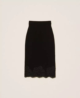 Twinset Black Knit Midi Skirt with Lace Trim and Side Slit