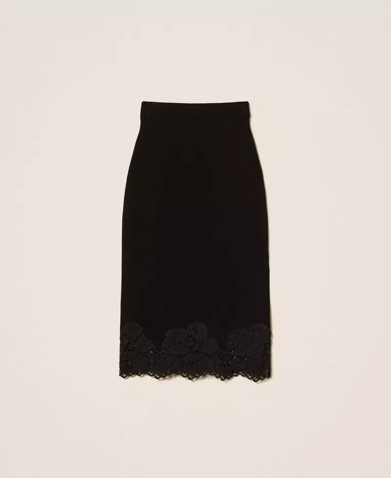Twinset Black Knit Midi Skirt with Lace Trim and Side Slit