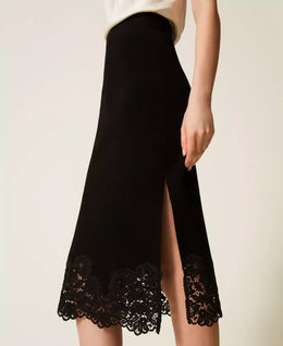 Twinset Black Knit Midi Skirt with Lace Trim and Side Slit