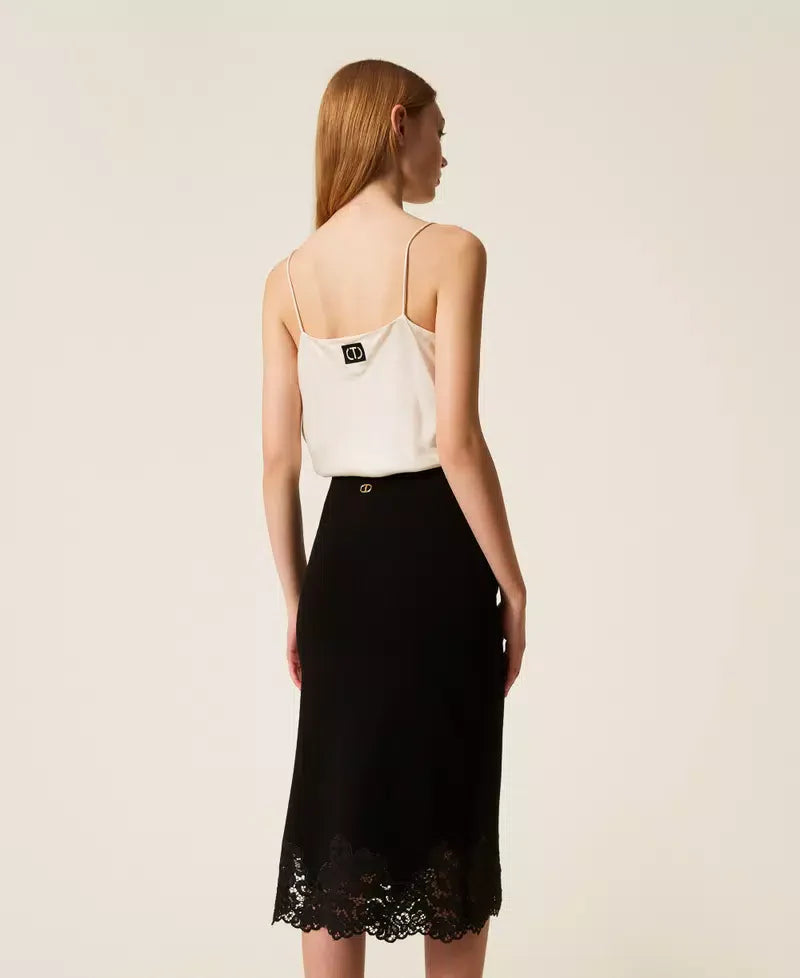 Twinset Black Knit Midi Skirt with Lace Trim and Side Slit