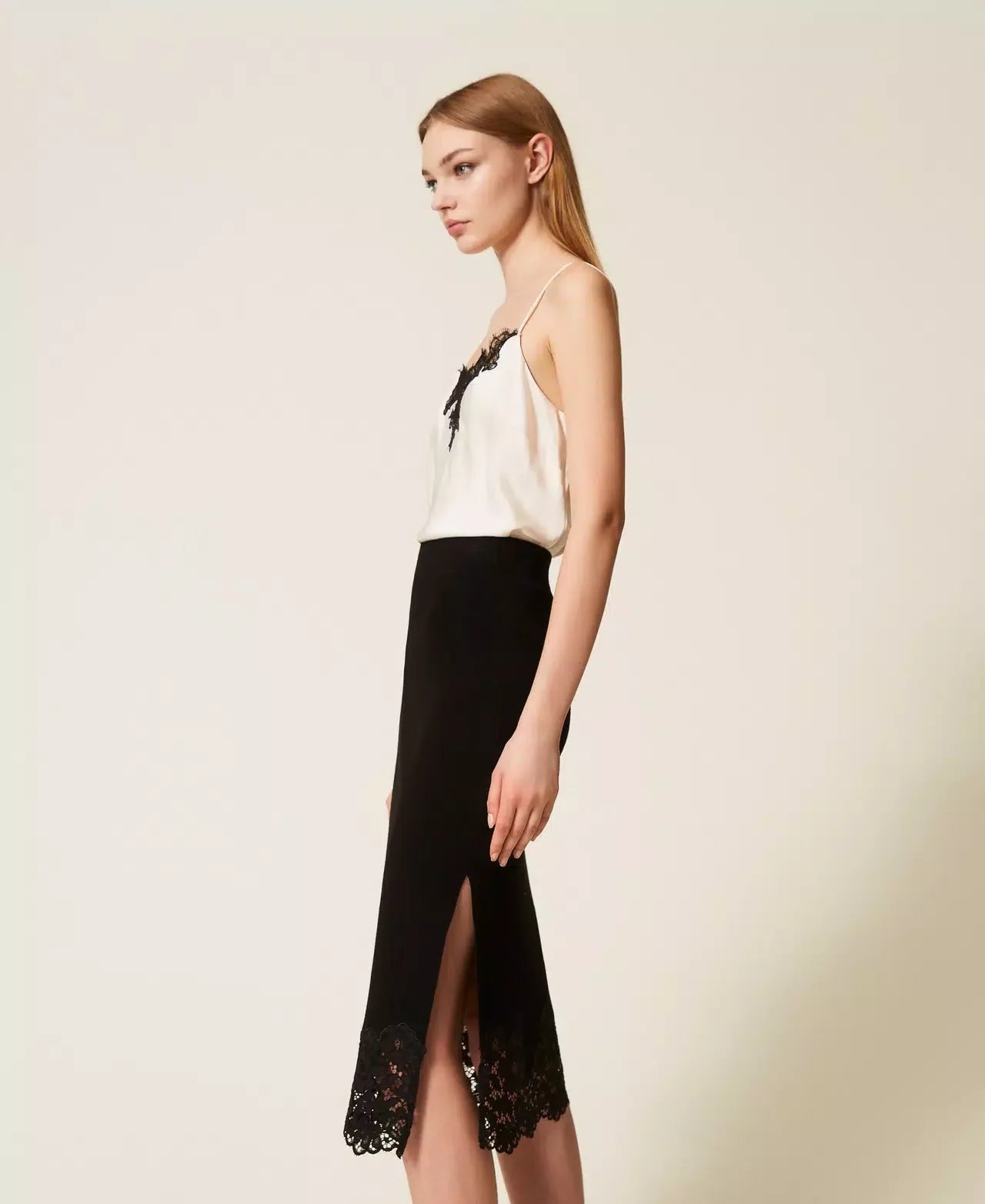 Twinset Black Knit Midi Skirt with Lace Trim and Side Slit