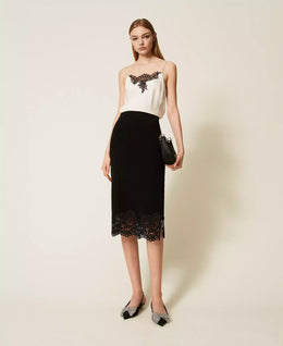 Twinset Black Knit Midi Skirt with Lace Trim and Side Slit