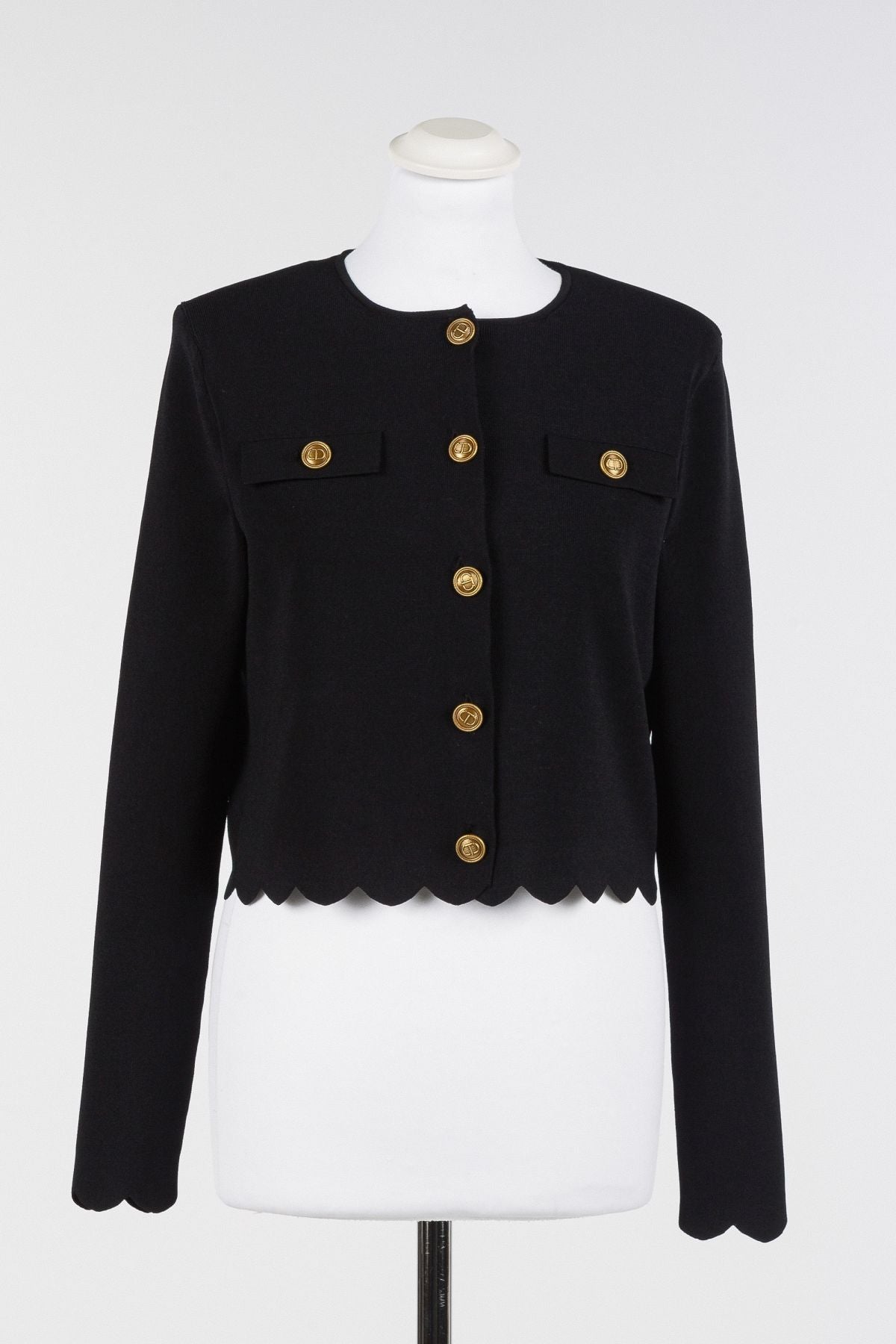 Twinset Black Knitted Jacket with Gold Buttons and Scalloped Hem