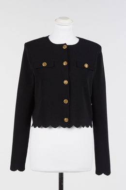 Twinset Black Knitted Jacket with Gold Buttons and Scalloped Hem