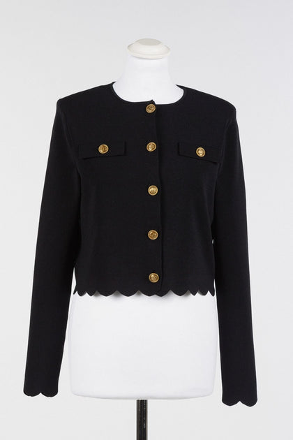 Twinset Black Knitted Jacket with Gold Buttons and Scalloped Hem